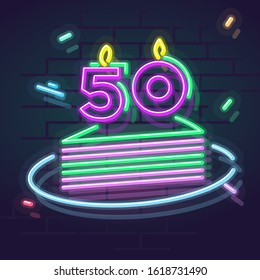 Neon 50 years anniversary candle on cake. Night illuminated wall for social network post or logo. Square illustration on brick wall background.