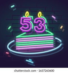 Neon 53 years anniversary candle on cake. Night illuminated wall for social network post or logo. Square illustration on brick wall background.