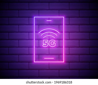Neon 5G network Icon, Mobile Technology. Neon Sign, Wireless 5G internet connection with High speed data transfer rate for phones. Isolated glowing Symbol, Vector illustration isolated on brick wall.