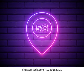 Neon 5G network Icon, Mobile Technology. Neon Sign, Wireless 5G internet connection with High speed data transfer rate for phones. Isolated glowing Symbol, Vector illustration isolated on brick wall.