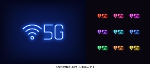 Neon 5G network icon. Neon 5g technology sign, set of isolated symbol for high speed internet in vivid colors. Fast internet 5 generation. Glowing icon, sign, symbol for UI design. Vector illustration