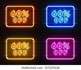 Neon 60 off text banner color set. Night Sign. Vector illustration