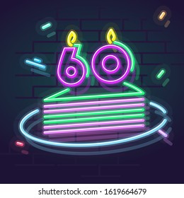 Neon 60 years anniversary candle on cake. Night illuminated wall for social network post or logo. Square illustration on brick wall background.