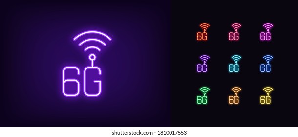 Neon 6G network icon. Glowing neon 6g technology sign, high speed internet in vivid colors. Fast internet of 6 generation, hotspot. Bright icon set, sign, symbol for UI design. Vector illustration