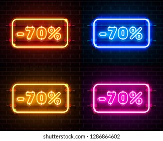 Neon 70 off text banner color set. Night Sign. Vector illustration