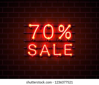 Neon 70 sale text banner. Night Sign. Vector illustration