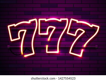 Neon 777 slots sign. Casino neon signboard. Online casino concept. Vector illustration