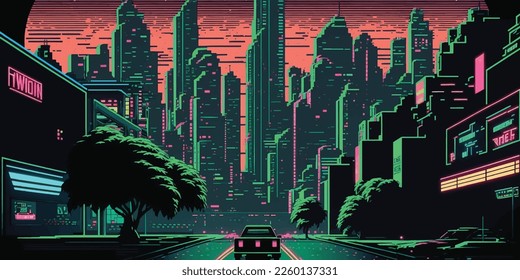 Neon 8 bit city, arcade, poster. Bright colorful, illuminated street, city landscape. Cityscape. 