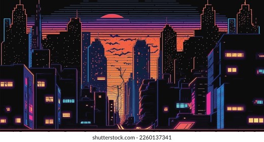 Neon 8 bit city, arcade, poster. Bright colorful, illuminated street, city landscape. Cityscape. 