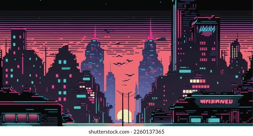 Neon 8 bit city, arcade, poster. Bright colorful, illuminated street, city landscape. Cityscape. 