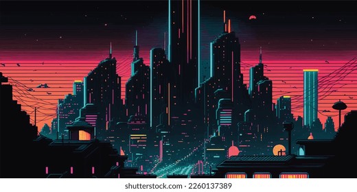 Neon 8 bit city, arcade, poster. Bright colorful, illuminated street, city landscape. Cityscape. 