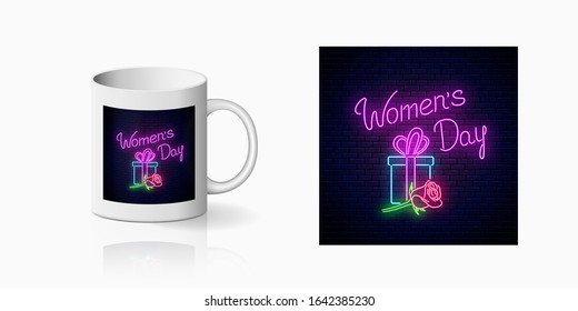 Neon 8 march world womens day sign print for cup design. 