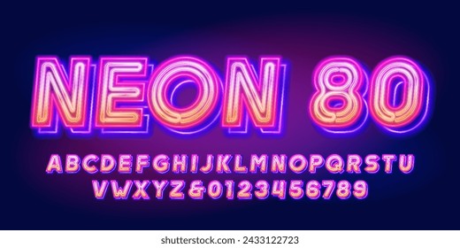 Neon 80 alphabet font. Neon color letters and numbers. Stock vector typeface for your design.