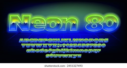 Neon 80 alphabet font. Glowing neon letters and numbers. Uppercase and lowercase. Stock vector typescript for your design.