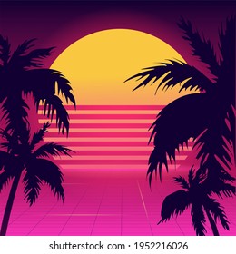 neon 80 Background with Summer Landscape. Palm trees at sunset .Retro Futuristic Background 1980s Style. Vector