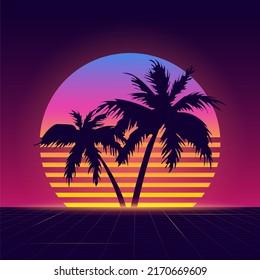 fondo neon 80 con paisaje de verano. Palmeras al atardecer. El estilo retro futurista de los años 80. Vector