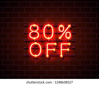 Neon 80 off text banner. Night Sign. Vector illustration