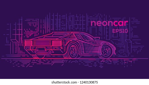 Neon 80's car abstract illustration. Vector. Isolated, car/vector on separate layers, text outlined (only for preview). 