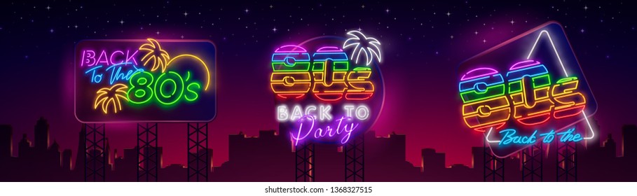 Neon 80's collection neon signs on billboards vector. Back to the 80s design template concept. Neon banner background design, night symbol, modern trend design. Vectro Illustration