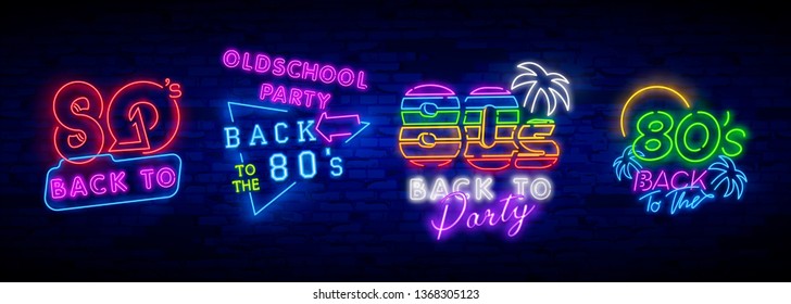 Neon 80's collection neon signs vector. Back to the 80s design template concept. Neon banner background design, night symbol, modern trend design. Vectro Illustration