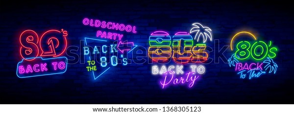 Neon 80\'s collection neon\
signs vector. Back to the 80s design template concept. Neon banner\
background design, night symbol, modern trend design. Vectro\
Illustration