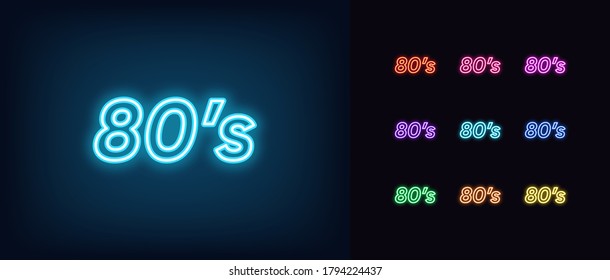 Neon 80s icon. Glowing neon 80s sign, retro text in vivid colors. Back to retro style music, disco party, flashback time, eighties fashion. Icon set, sign, symbol for UI. Vector illustration