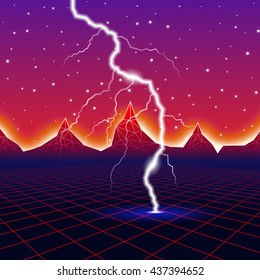 Neon 80s new retro wave landscape with lightning. 1980 style revival.