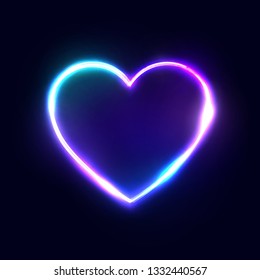 Neon 80s style heart vector abstract background on dark blue backdrop. Bright electric technology frame. Romantic love logo concept. Blank text space. Illuminated signboard. Color vector illustration.