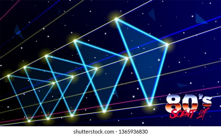 Neon 80s styled abstract background with flying triangles in space and laser rays