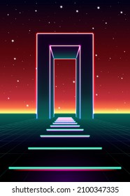 Neon 80 estilizado portón masivo en paisaje de juegos retro con brillante camino al futuro