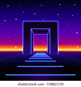 Neon 80s styled massive gate in retro game landscape with shiny road.