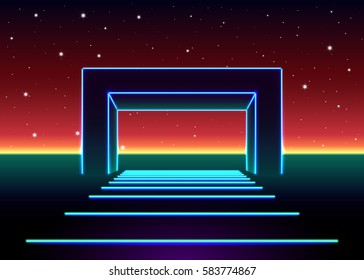 Neon 80s styled massive gate in retro game landscape with shiny road