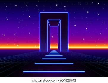 Neon 80s styled massive gate in retro game landscape with shiny road