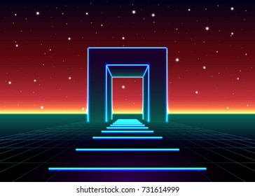 Neon 80s styled massive gate in retro game landscape with shiny road