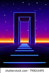 Neon 80s styled massive gate in retro game landscape with shiny road
