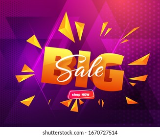 Neon 80s synthwave colors style big sale geometric background template for landing pages or web banners in trendy modern style with hand drawn lettering text. Vector eps10.