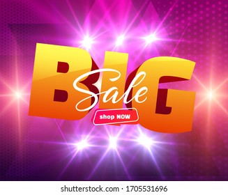 Neon 80s synthwave colors style big sale geometric background template for landing pages or web banners in trendy modern style with hand drawn lettering text. Vector eps10.