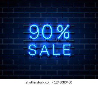 Neon 90 sale text banner. Night Sign. Vector illustration