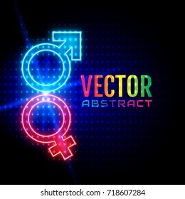 Neon abstract background sings of Venus and Mars. Sex symbols. Gender icons. Male and female sex symbol. Vector illustration