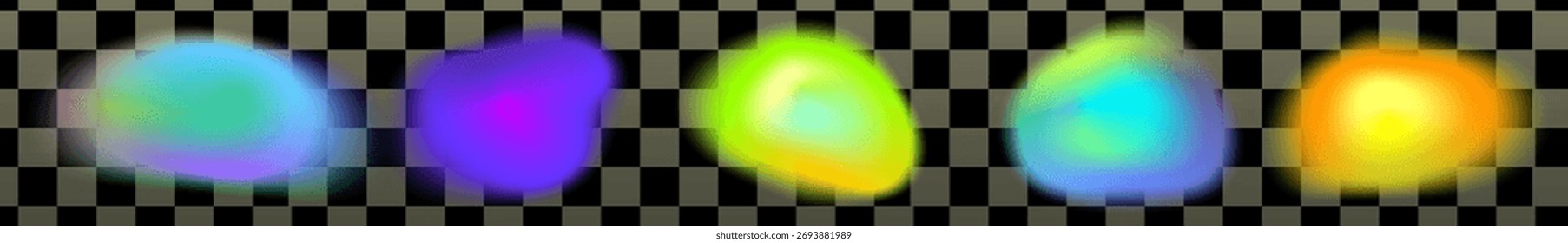 Neon abstract blur blobs with luminous glow. Gradient shapes in blue, yellow, and green create smooth color mesh and bright light effect.