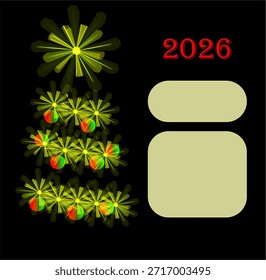 Árbol de pino de Navidades abstractas de neón Decorado con bolas de Navidad rojas y verdes La estrella brilla con luz de neón Milagro de estrella de Navidad Noche festiva Zona de fotos de Anuncio de fiesta corporativa de año Nuevo Una escuela moderna matinee en un jardín de infantes Tarjeta de felicitación Art Nouveau Tarjeta de descuento Tarjeta de invitación Invitación Invitación personalizada con un árbol de año Nuevo 2026 Luces brillantes de guirnaldas Para firmar y para deseos Descuento personalizado con firma y deseos Invitación a una fiesta corporativa Una postal moderna y minimalista