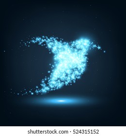 Neon abstract colibri, glittering star dust lights circle