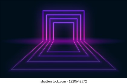 Neon abstract futuristic background. Neon portal with reflection in the dark room.