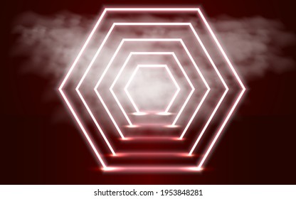 Neon abstract red background with geometric shapes and clouds