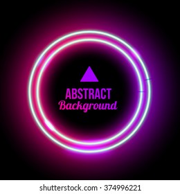 Neon abstract round. Glowing frame. Vintage electric symbol. Burning a pointer to a black wall in a club, bar or cafe. Design element for your ad, sign, poster, banner. Vector illustration