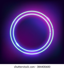 Neon abstract round. Glowing frame. Vintage electric symbol. Burning a pointer to a black wall in a club, bar or cafe. Design element for your ad, sign, poster, banner. Vector illustration