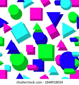 Neon abstract seamless pattern in 80s 90s style. Colorful geometric shapes on white background. Retro games style. Flat design. Vector illustration.