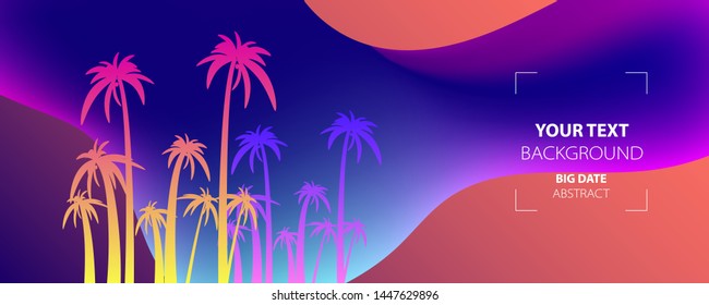 Neon abstract set summer background universal art template. Landscape with palm trees