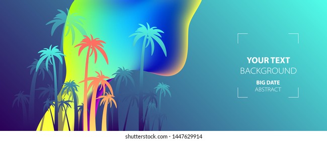 Neon abstract set summer background universal art template. Landscape with palm trees