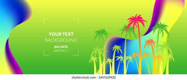 Neon abstract set summer background universal art template. Landscape with palm trees